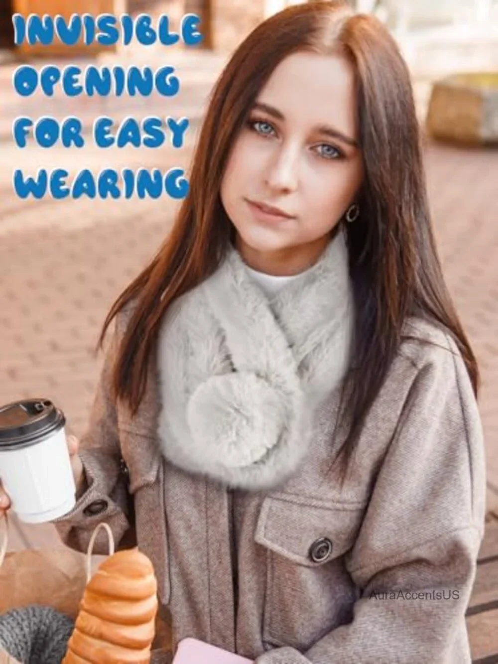 Faux Fur Scarf Neck Wrap Winter Furry Shawl Two Pack with Pom